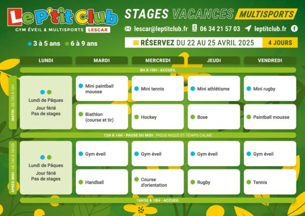 Planning 1 stages vacances de Pâques 2025 Le P'tit Club Lescar