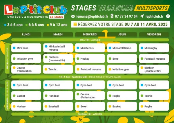 Planning 1 stages vacances de Pâques 2025 Le P'tit Club Le Mans