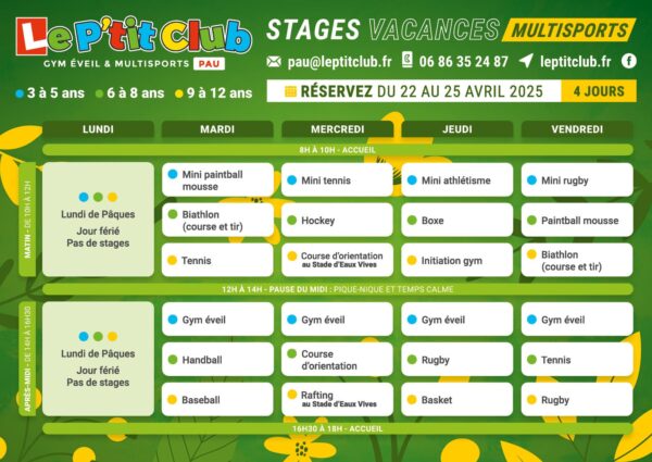 Planning 1 stages vacances de Pâques 2025 Le P'tit Club Pau