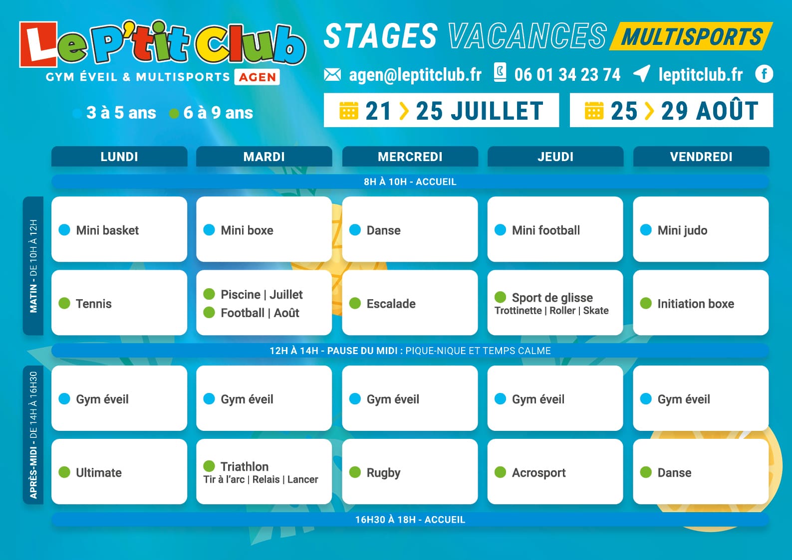 Planning 3 stages vacances d'été 2025 Le P'tit Club Agen