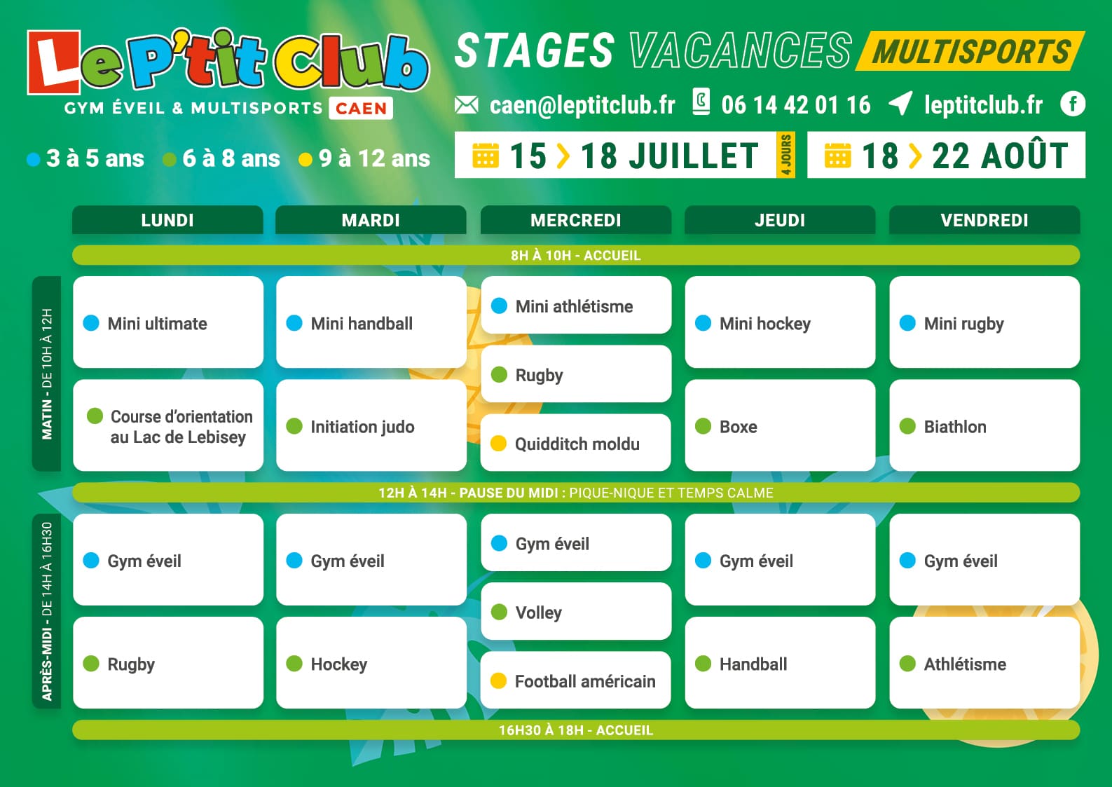 Planning 2 stages vacances d'été 2025 Le P'tit Club Caen
