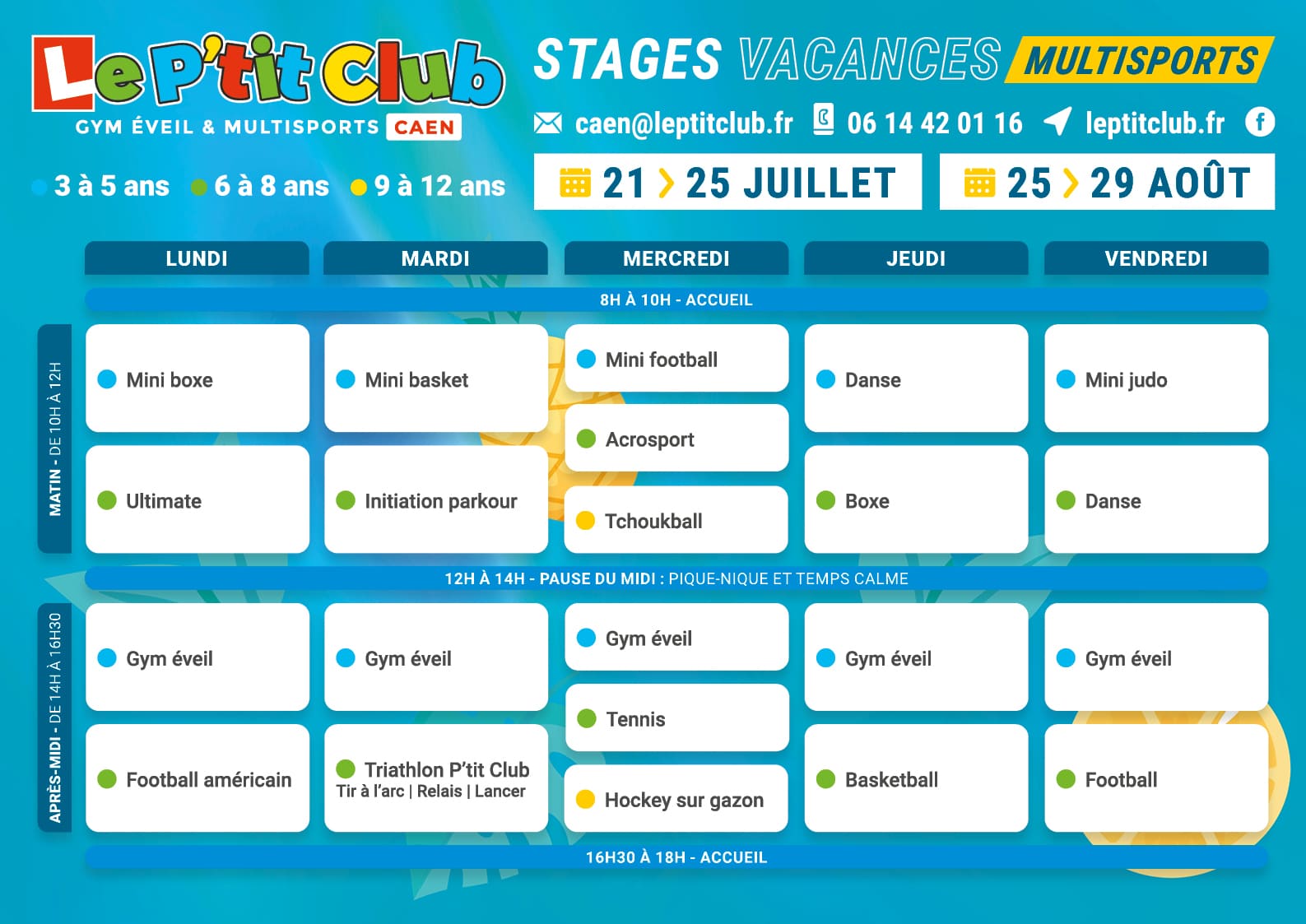 Planning 3 stages vacances d'été 2025 Le P'tit Club Caen