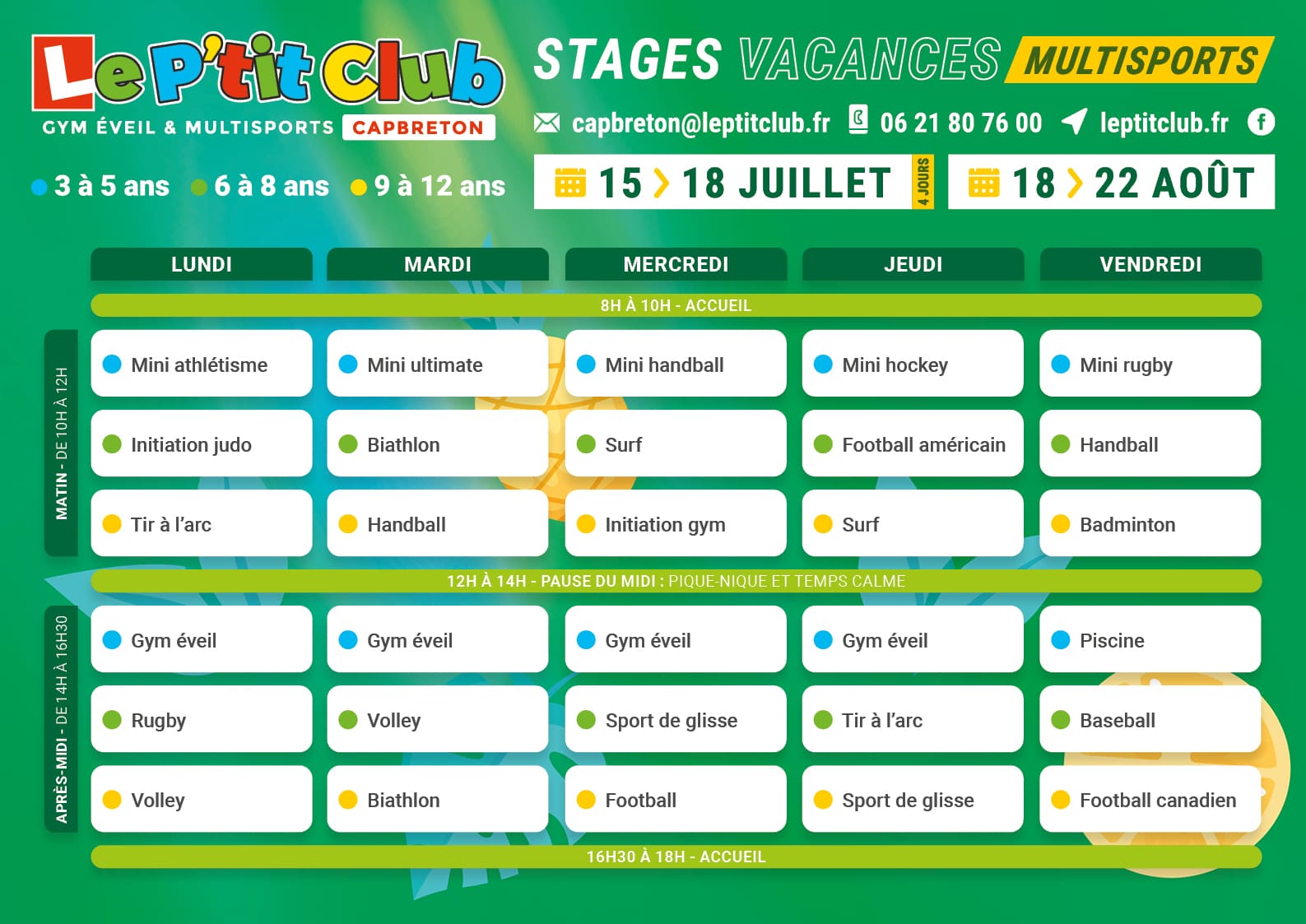Planning 2 stages vacances d'été 2025 Le P'tit Club Capbreton