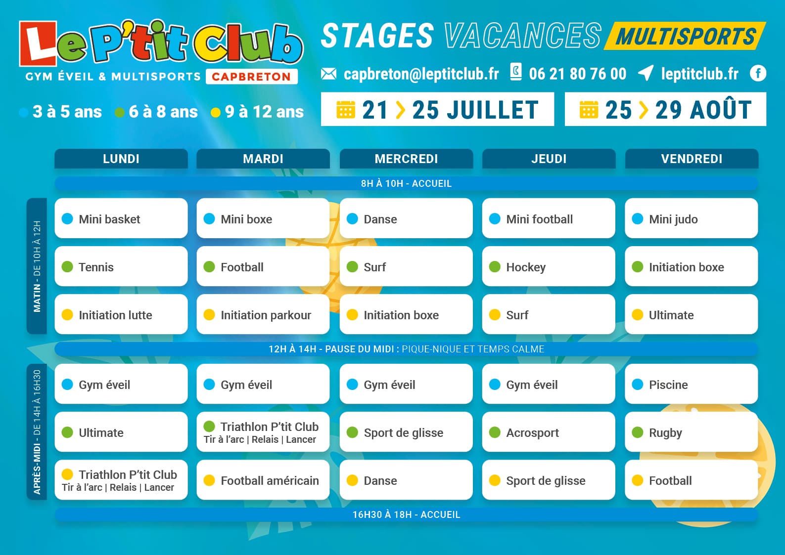 Planning 3 stages vacances d'été 2025 Le P'tit Club Capbreton