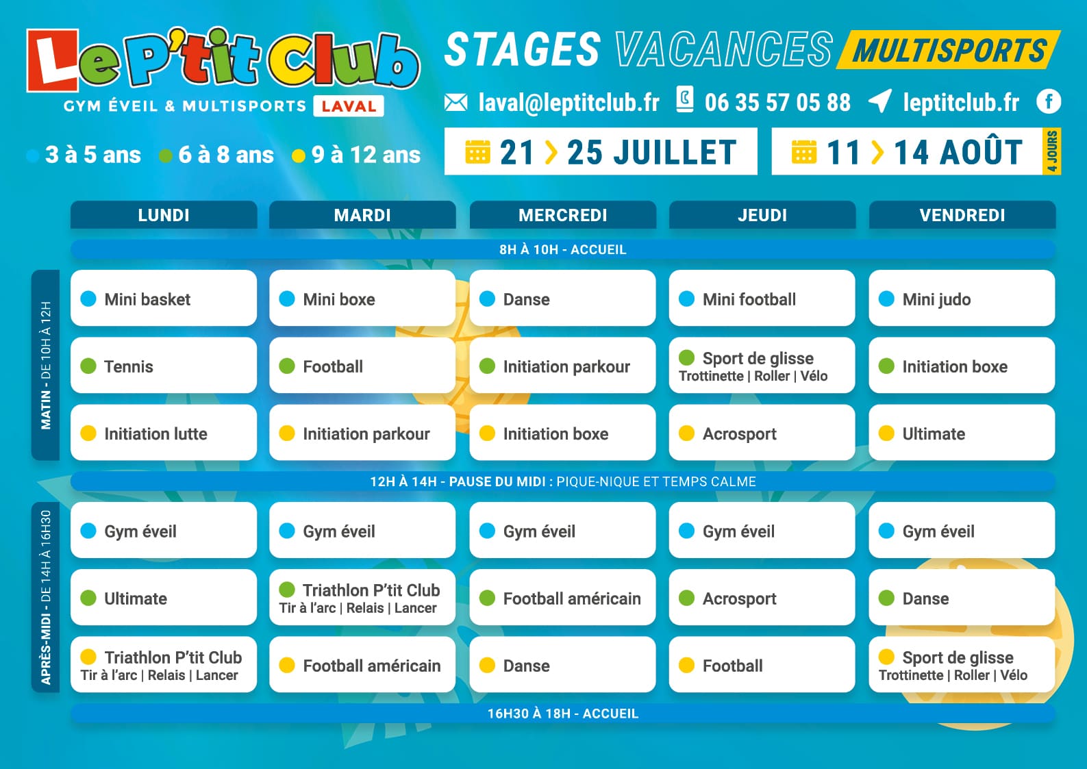 Planning 3 stages vacances d'été 2025 Le P'tit Club Laval