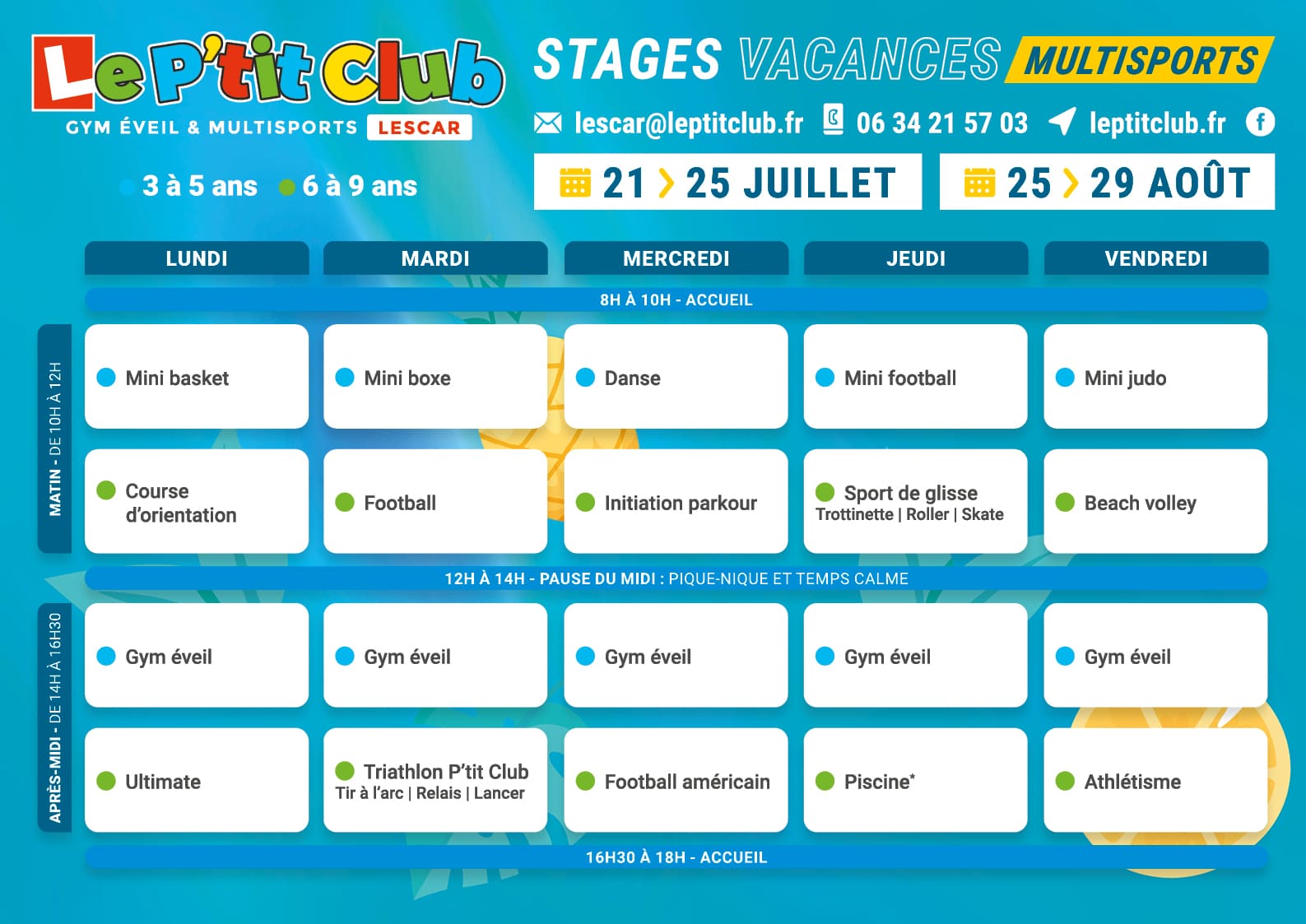 Planning 3 stages vacances d'été 2025 Le P'tit Club Lescar