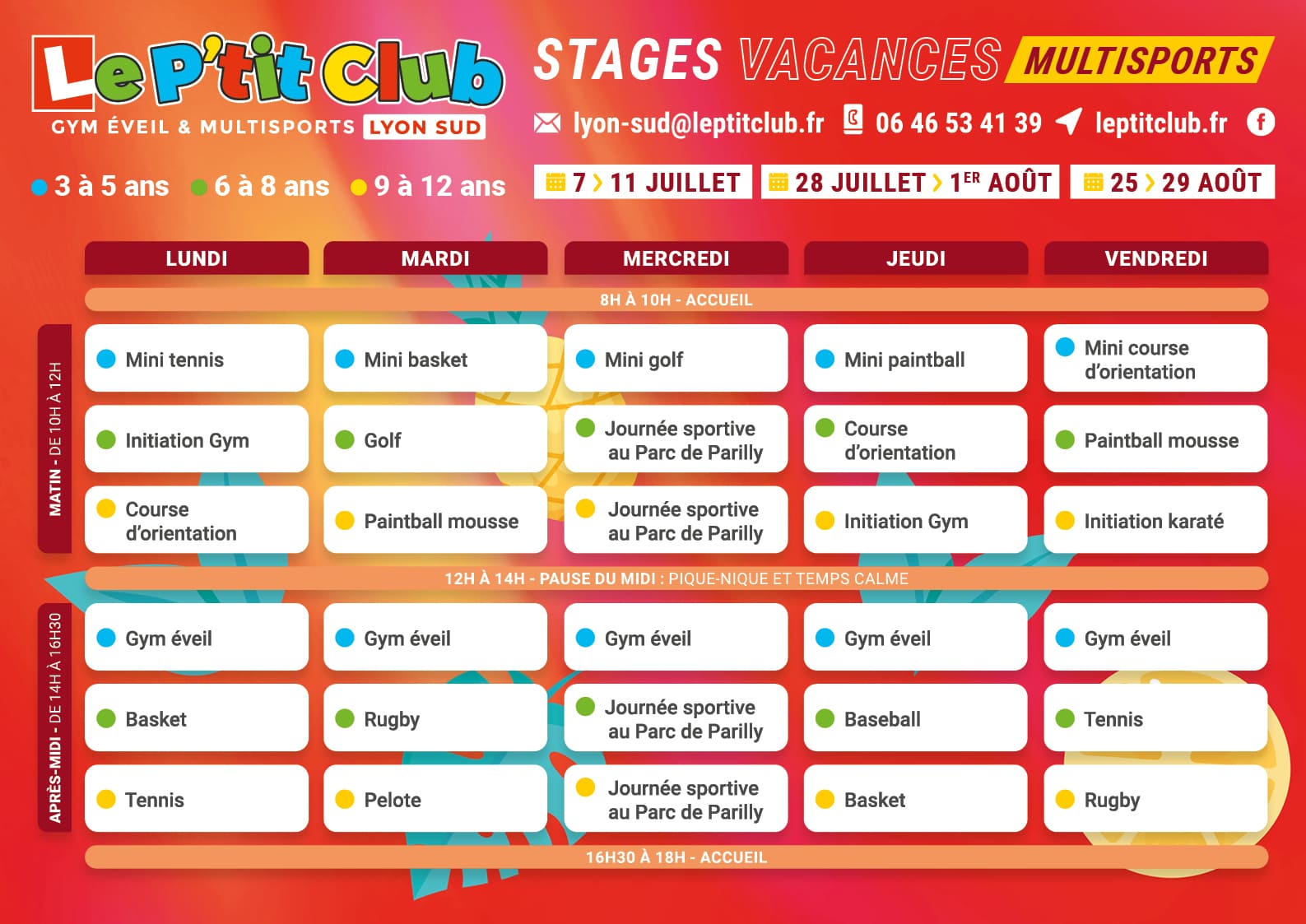 Planning 1 stages vacances d'été 2025 Le P'tit Club Lyon Sud