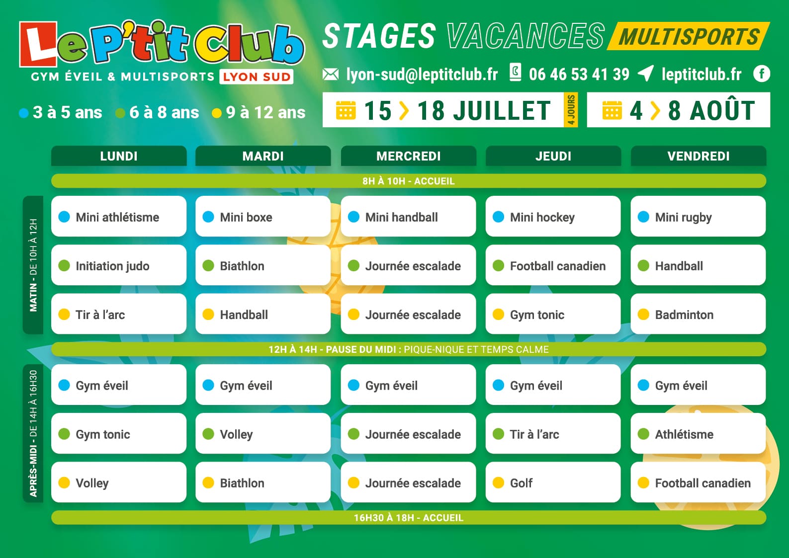 Planning 2 stages vacances d'été 2025 Le P'tit Club Lyon Sud