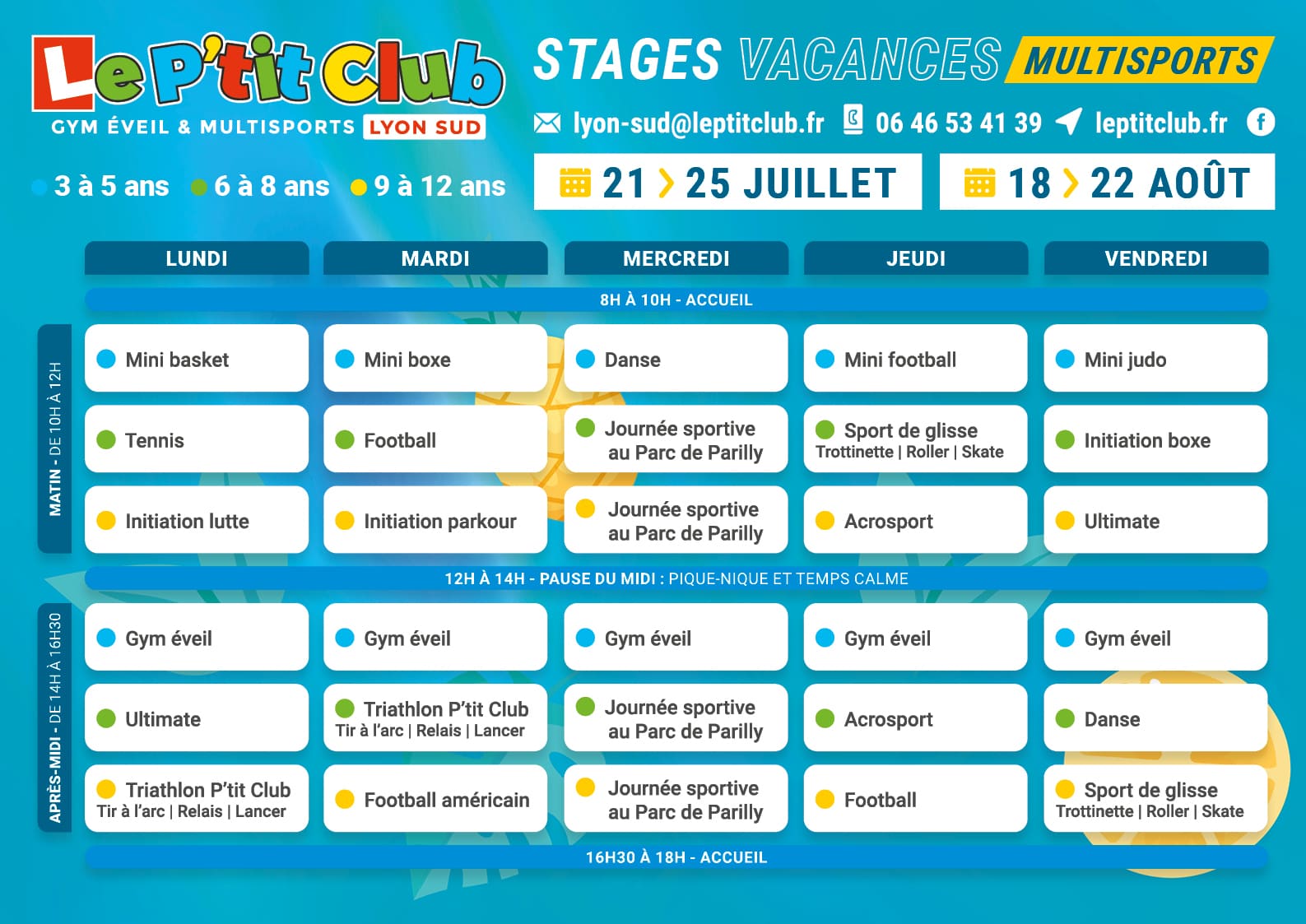 Planning 3 stages vacances d'été 2025 Le P'tit Club Lyon Sud