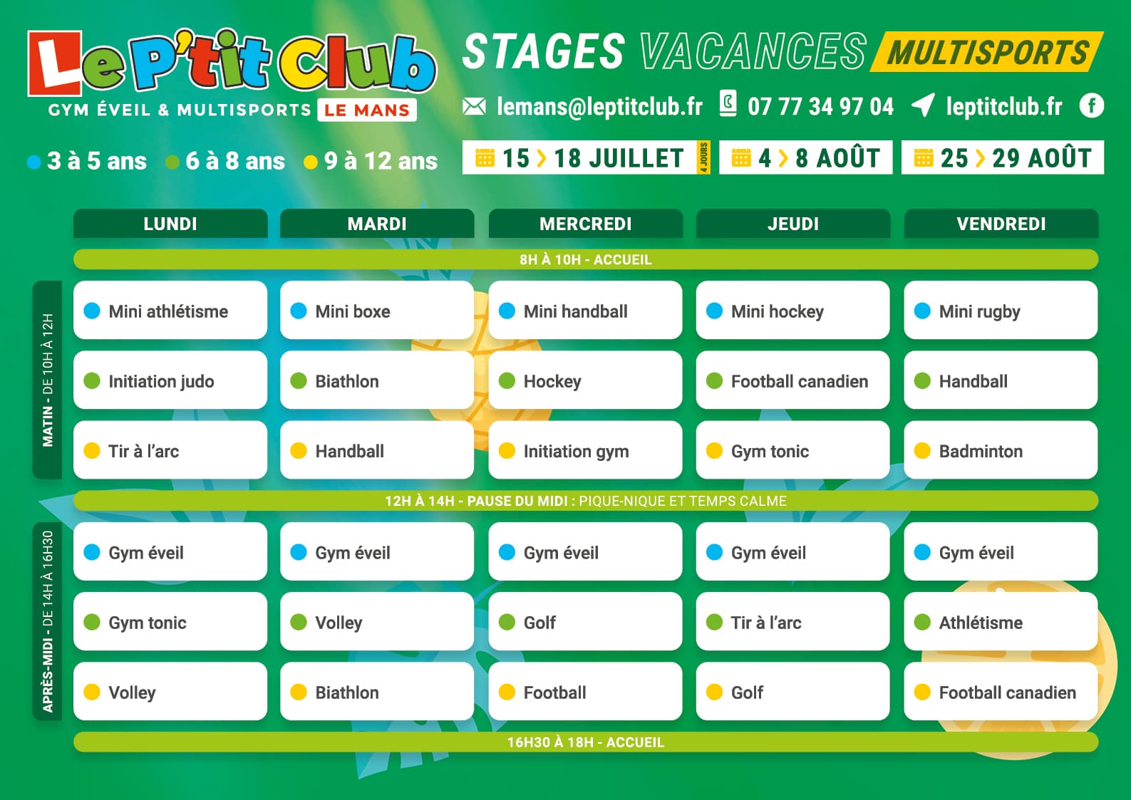 Planning 2 stages vacances d'été 2025 Le P'tit Club Le Mans