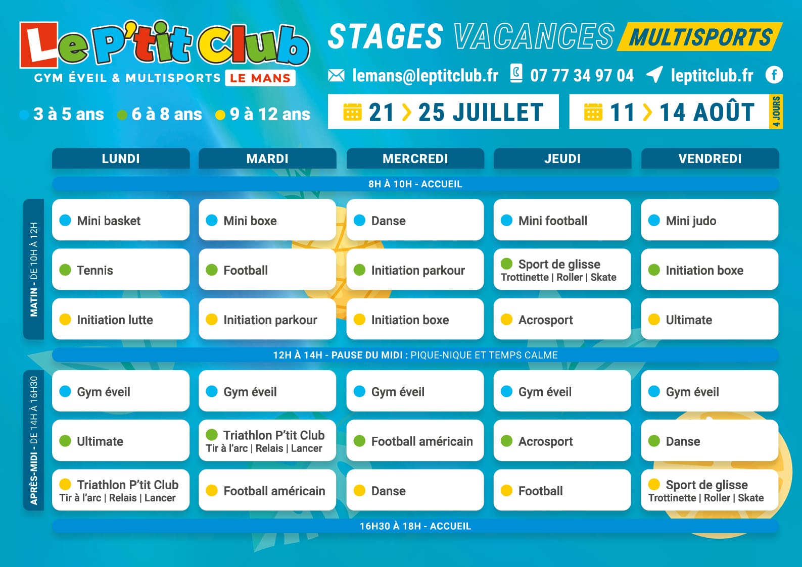 Planning 3 stages vacances d'été 2025 Le P'tit Club Le Mans