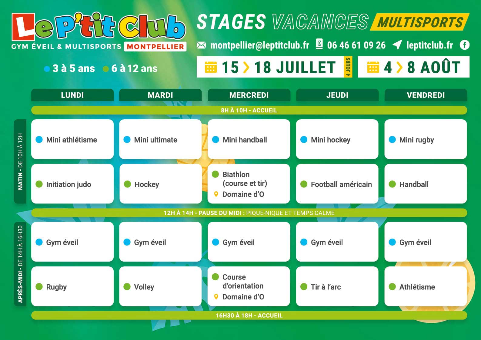 Planning 2 stages vacances d'été 2025 Le P'tit Club Montpellier