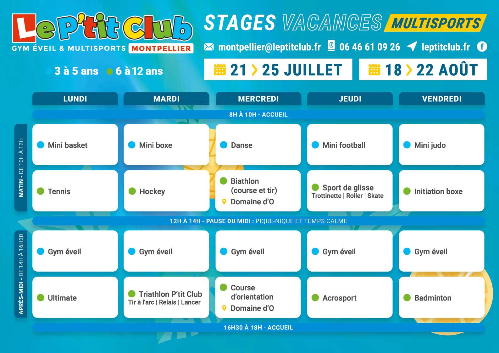 Planning 3 stages vacances d'été 2025 Le P'tit Club Montpellier