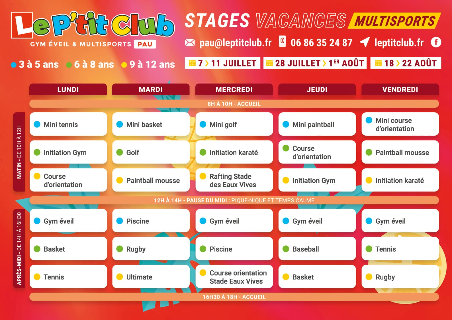 Planning 1 stages vacances d'été 2025 Le P'tit Club Pau