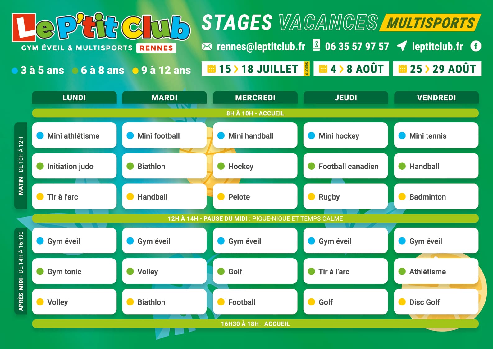 Planning 2 stages vacances d'été 2025 Le P'tit Club Rennes