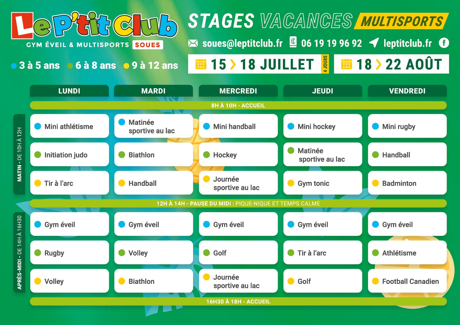 Planning 2 stages vacances d'été 2025 Le P'tit Club Soues