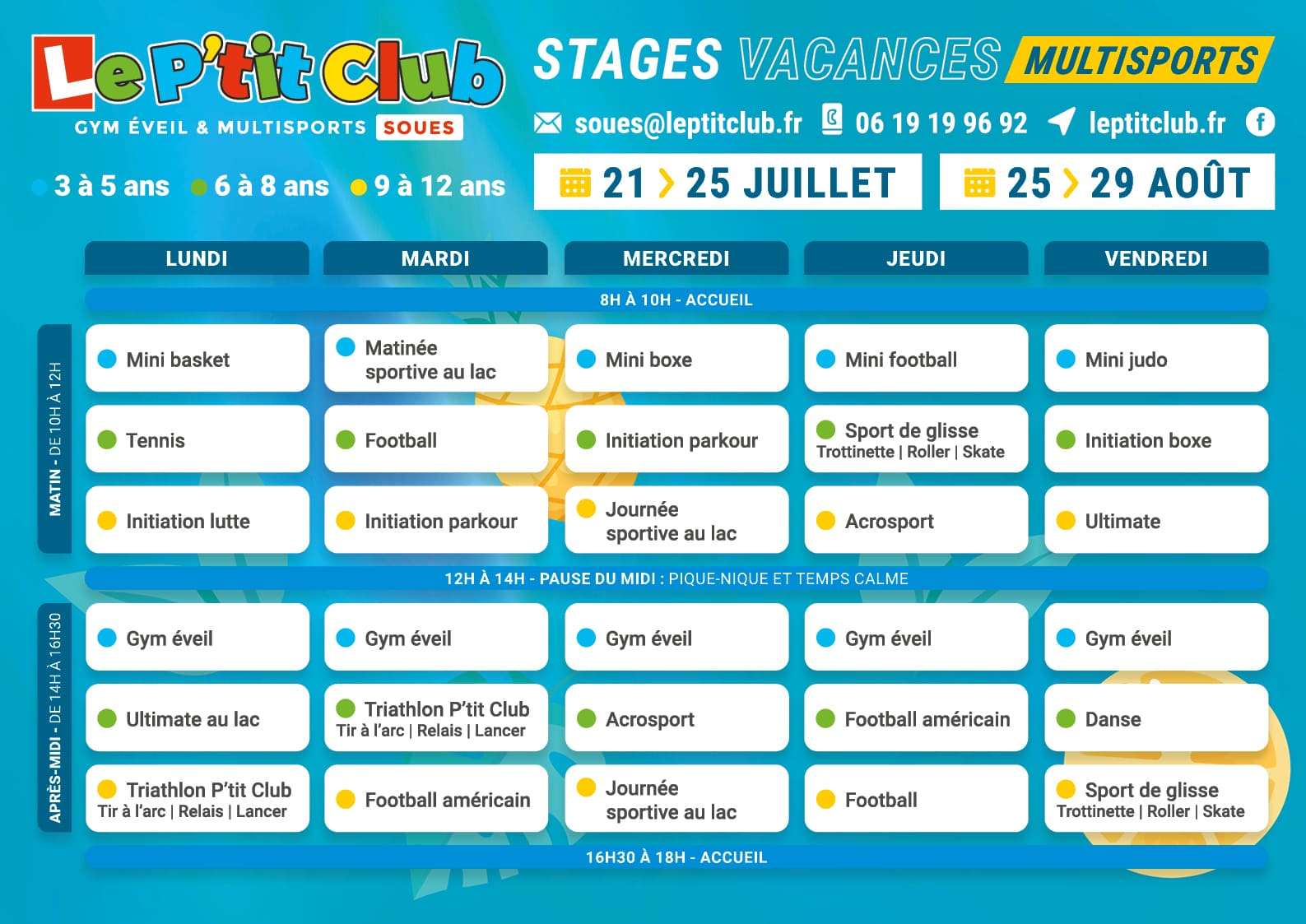 Planning 3 stages vacances d'été 2025 Le P'tit Club Soues