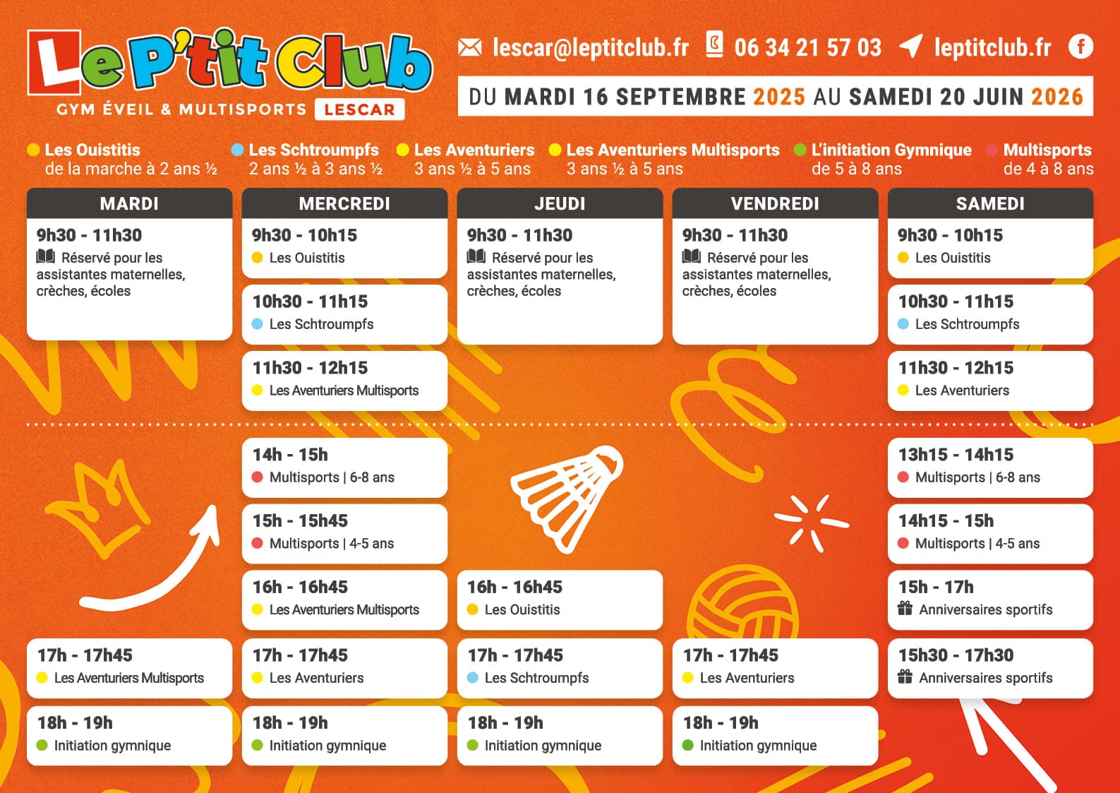Planning Le P'tit Club Lescar 2025-2026