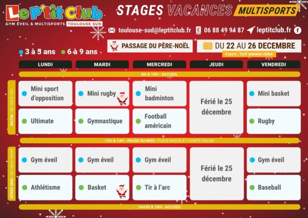 Planning 1 stages vacances de la Noël 2025 Le P'tit Club Toulouse Sud