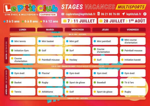 Planning 1 stages vacances d'été 2025 Le P'tit Club Capbreton