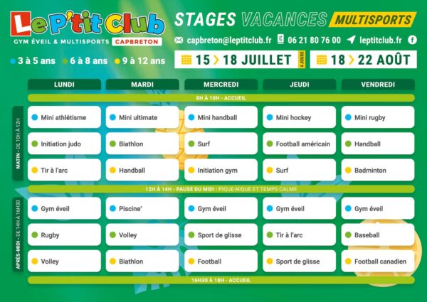 Planning 2 stages vacances d'été 2025 Le P'tit Club Capbreton