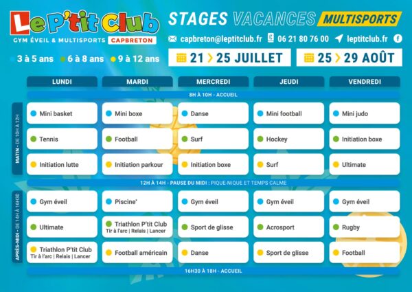 Planning 3 stages vacances d'été 2025 Le P'tit Club Capbreton