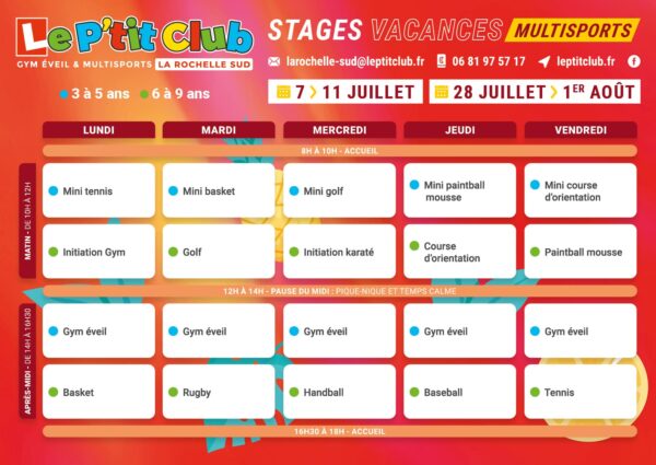 Planning 1 stages vacances d'été 2025 Le P'tit Club La Rochelle Sud
