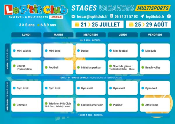 Planning 3 stages vacances d'été 2025 Le P'tit Club Lescar