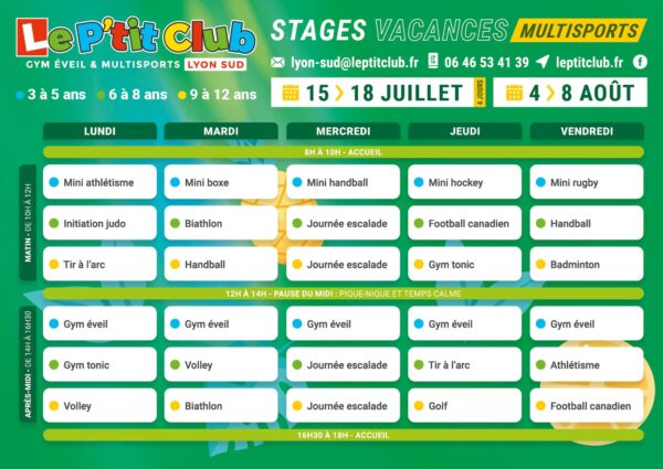Planning 2 stages vacances d'été 2025 Le P'tit Club Lyon Sud