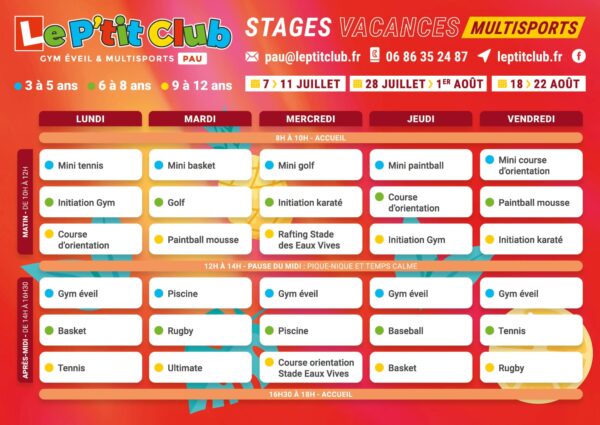 Planning 1 stages vacances d'été 2025 Le P'tit Club Pau