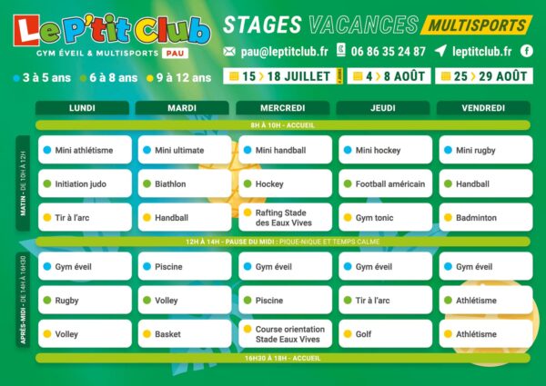 Planning 2 stages vacances d'été 2025 Le P'tit Club Pau