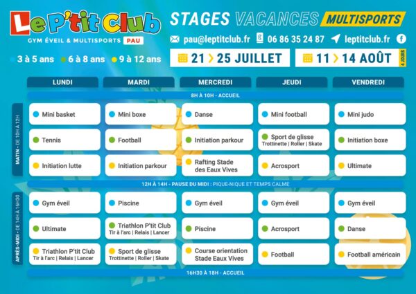 Planning 3 stages vacances d'été 2025 Le P'tit Club Pau