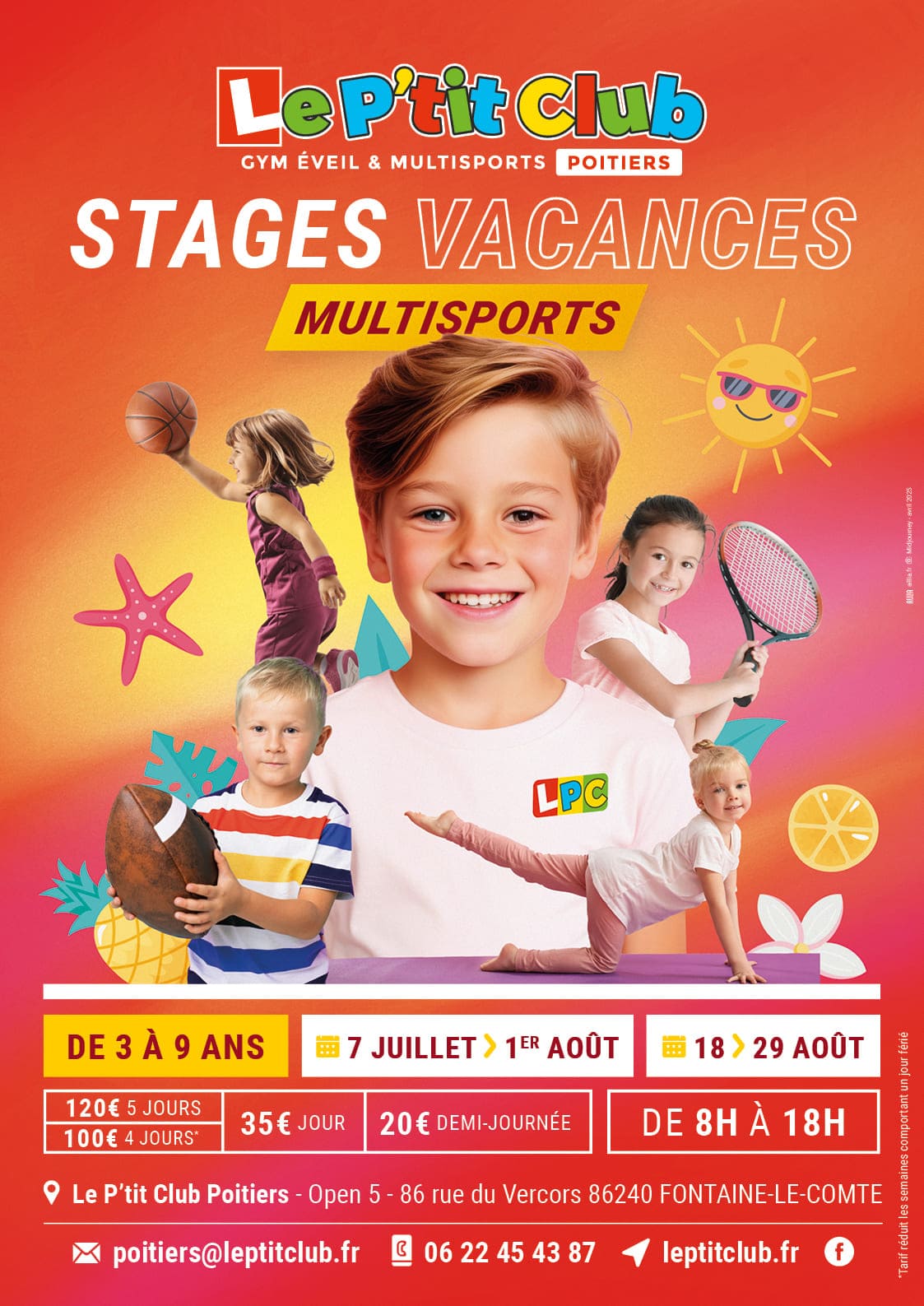 Affiche stages vacances d'été 2025 Le P'tit Club Poitiers