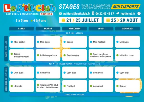 Planning 3 stages vacances d'été 2025 Le P'tit Club Poitiers