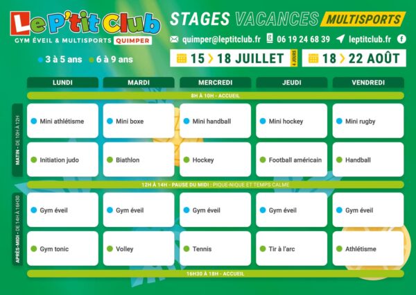 Planning 2 stages vacances d'été 2025 Le P'tit Club Quimper