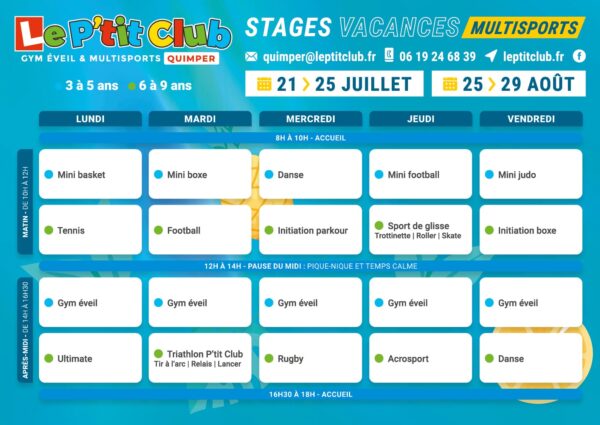 Planning 3 stages vacances d'été 2025 Le P'tit Club Quimper