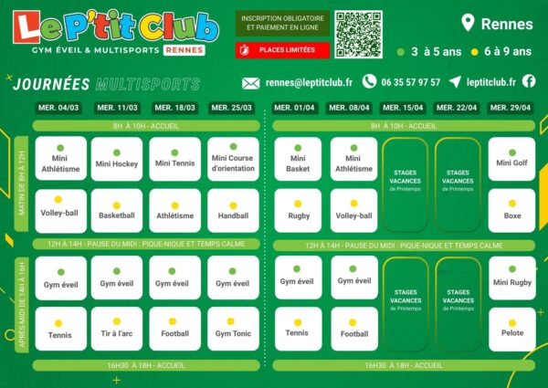 Planning journées du mercredi multisports mars-avril 2026 Le P'tit Club Rennes