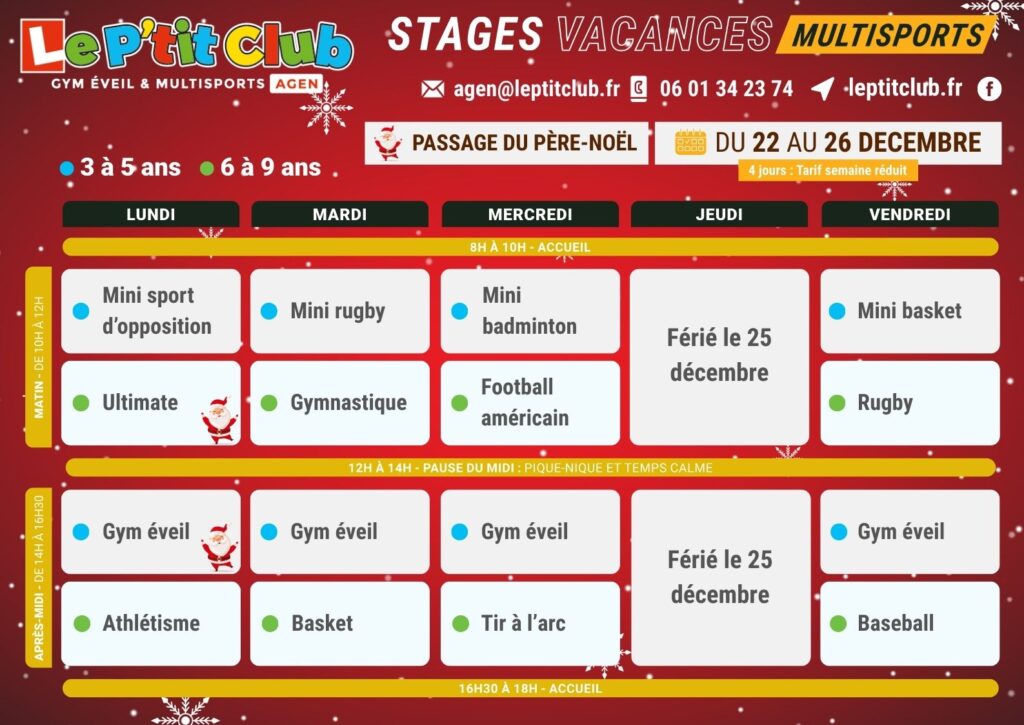 Planning 1 stages vacances de la Noël 2025 Le P'tit Club Agen