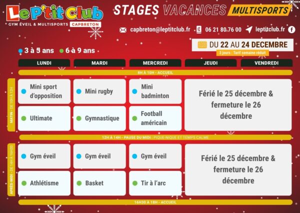 Planning 1 stages vacances de la Noël 2025 Le P'tit Club Capbreton