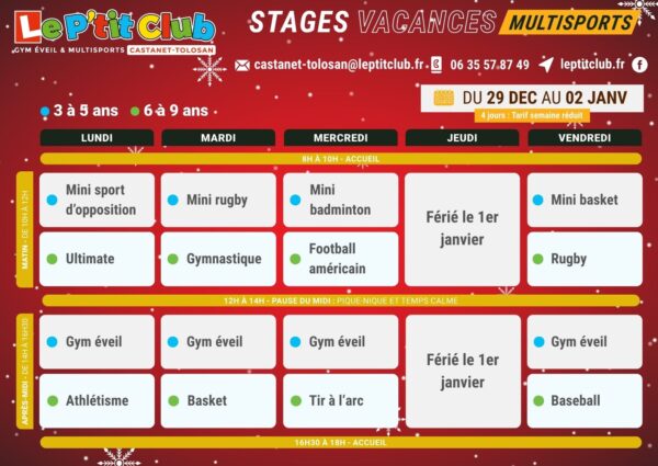 Planning 2 stages vacances de la Noël 2025 Le P'tit Club Castanet
