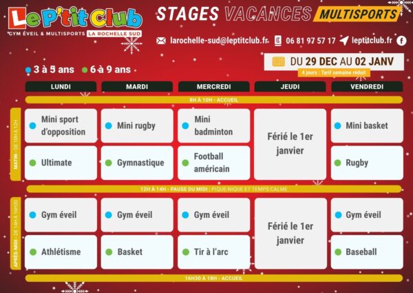Planning 2 stages vacances de la Noël 2025 Le P'tit Club La Rochelle
