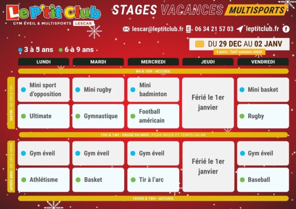 Planning 2 stages vacances de la Noël 2025 Le P'tit Club Lescar