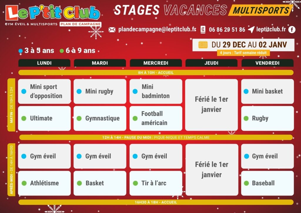 Planning 2 stages vacances de la Noël 2025 Le P'tit Club Plan de Campagne