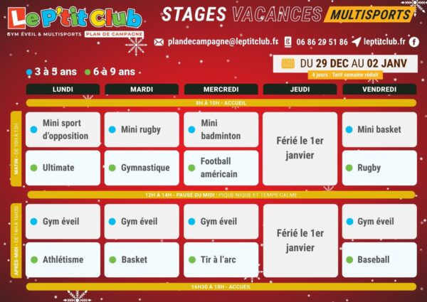 Planning 2 stages vacances de la Noël 2025 Le P'tit Club Plan de Campagne