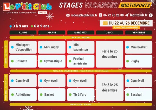 Planning 1 stages vacances de la Noël 2025 Le P'tit Club Rodez