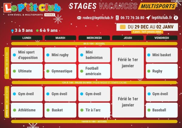 Planning 2 stages vacances de la Noël 2025 Le P'tit Club Rodez