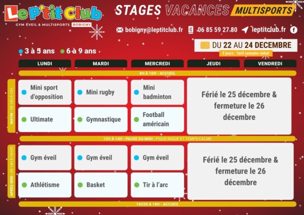 Planning 1 stages vacances de la Noël 2025 Le P'tit Club Bobigny