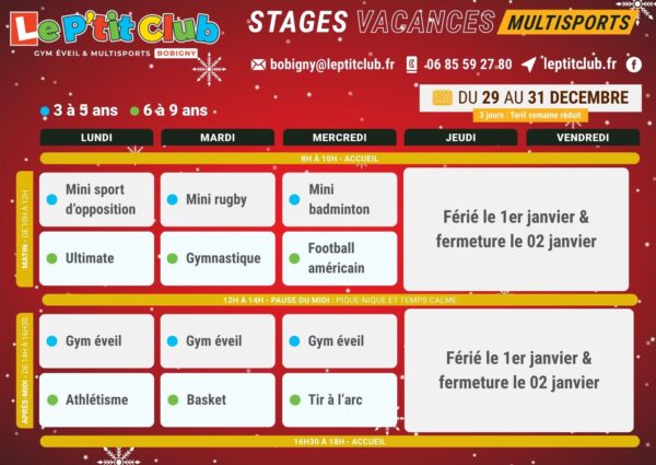 Planning 2 stages vacances de la Noël 2025 Le P'tit Club Bobigny