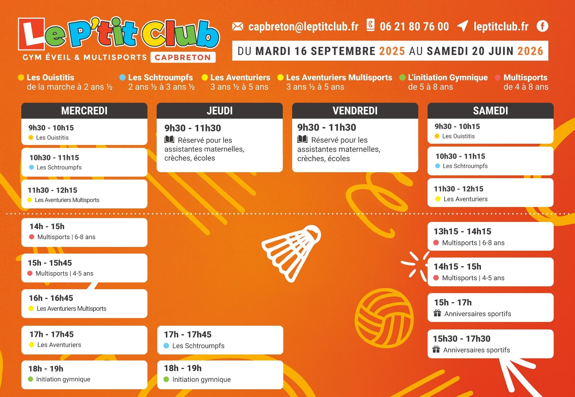 Planning Le P'tit Club Capbreton 2025-2026