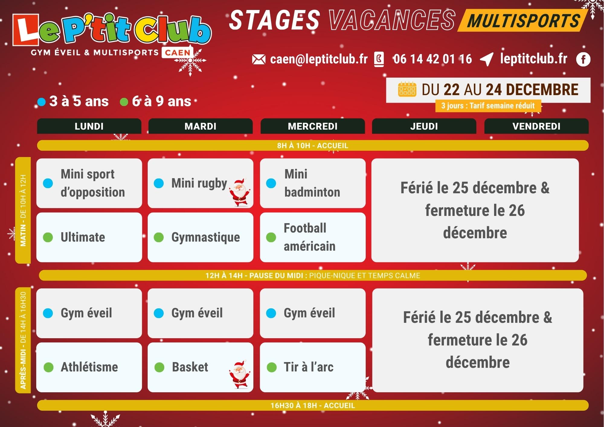 Planning 1 stages vacances de Noël 2025 Le P'tit Club Caen